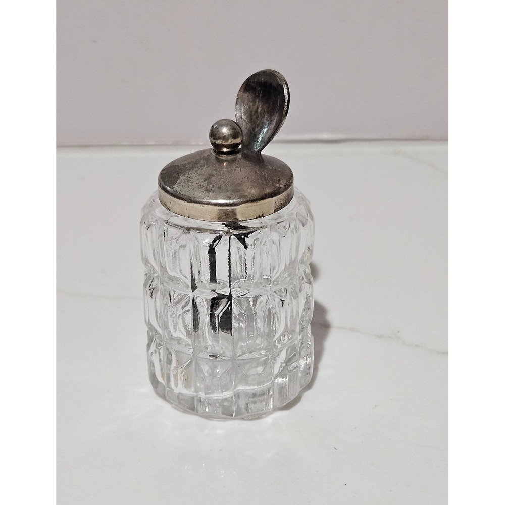 Vintage Made in England Glass Mustard Pot Condiment Jar with Lid and Spoon Set